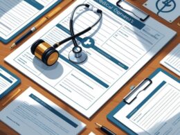 A desk with various medical legal documents including a consent form, medical history chart, prescription pad, legal contract, and insurance claim form, accompanied by a stethoscope, gavel, caduceus symbol, and reading glasses.