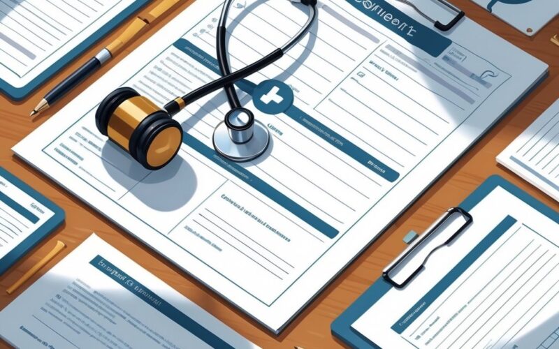 A desk with various medical legal documents including a consent form, medical history chart, prescription pad, legal contract, and insurance claim form, accompanied by a stethoscope, gavel, caduceus symbol, and reading glasses.