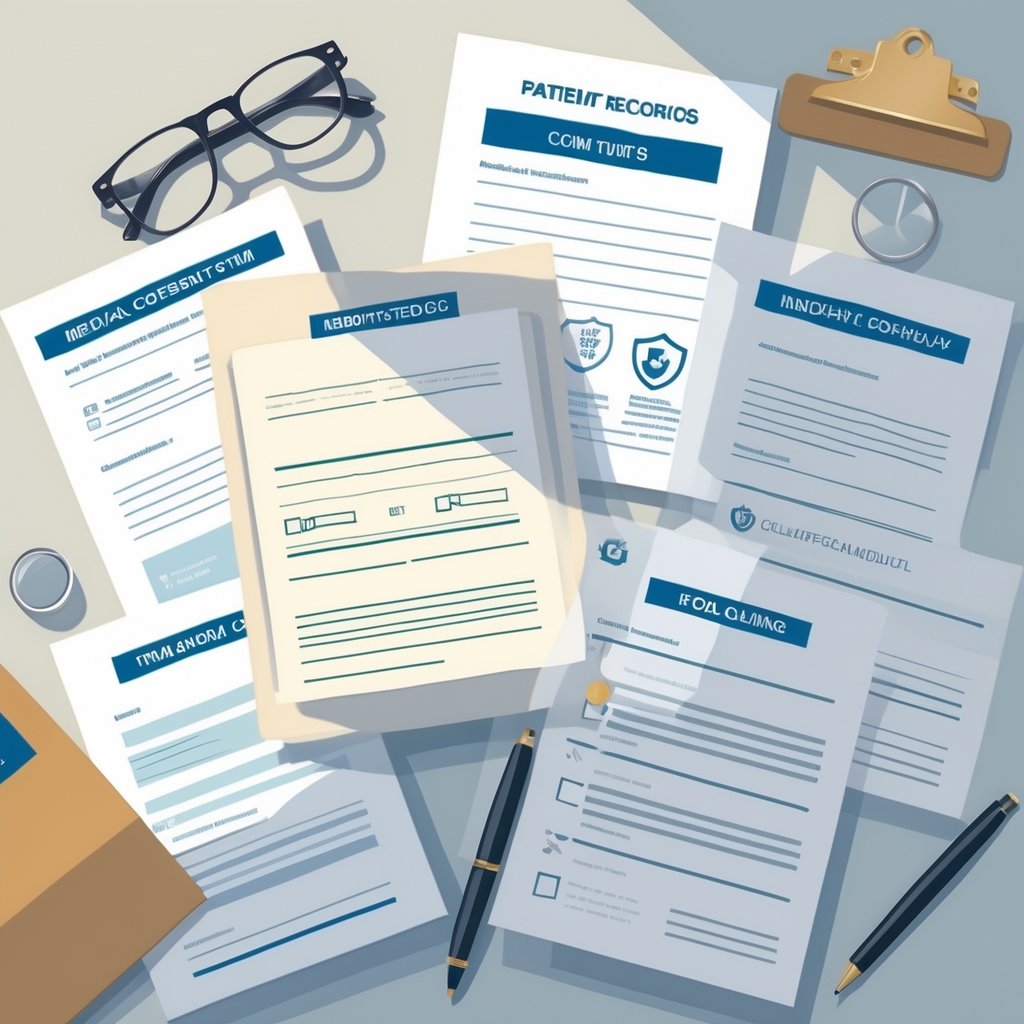 A desk with various medical legal documents, including consent forms, patient records, and insurance papers, along with reading glasses, a pen, and a clipboard.