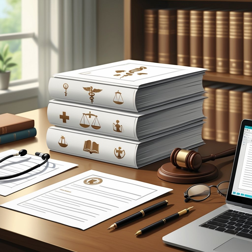 A workspace with organized stacks of medical and legal documents, a stethoscope, reading glasses, a pen, and a laptop, with bookshelves in the background.