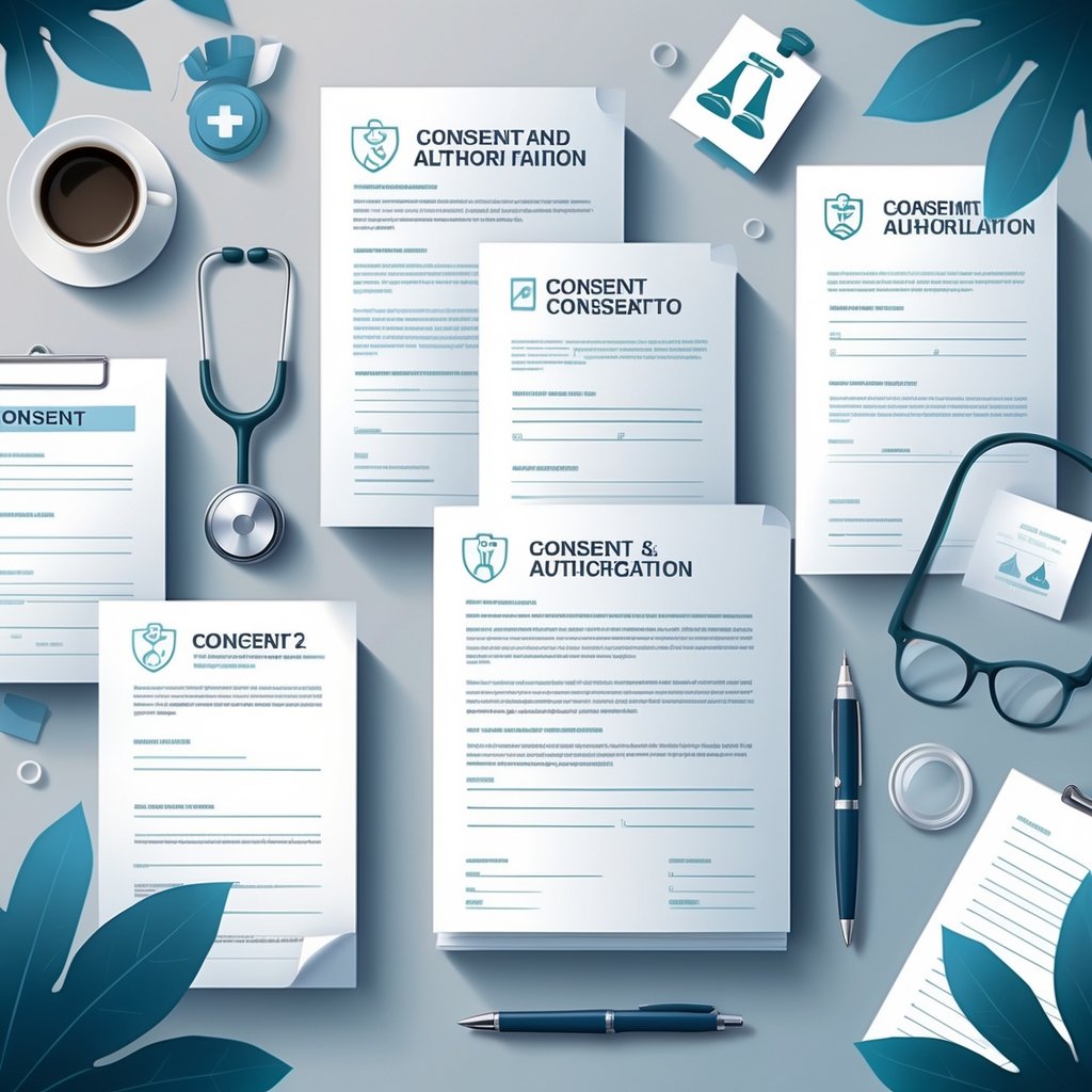A desk with various medical legal documents, a stethoscope, a pen, a clipboard, a gavel, and scales of justice arranged neatly in an office setting.