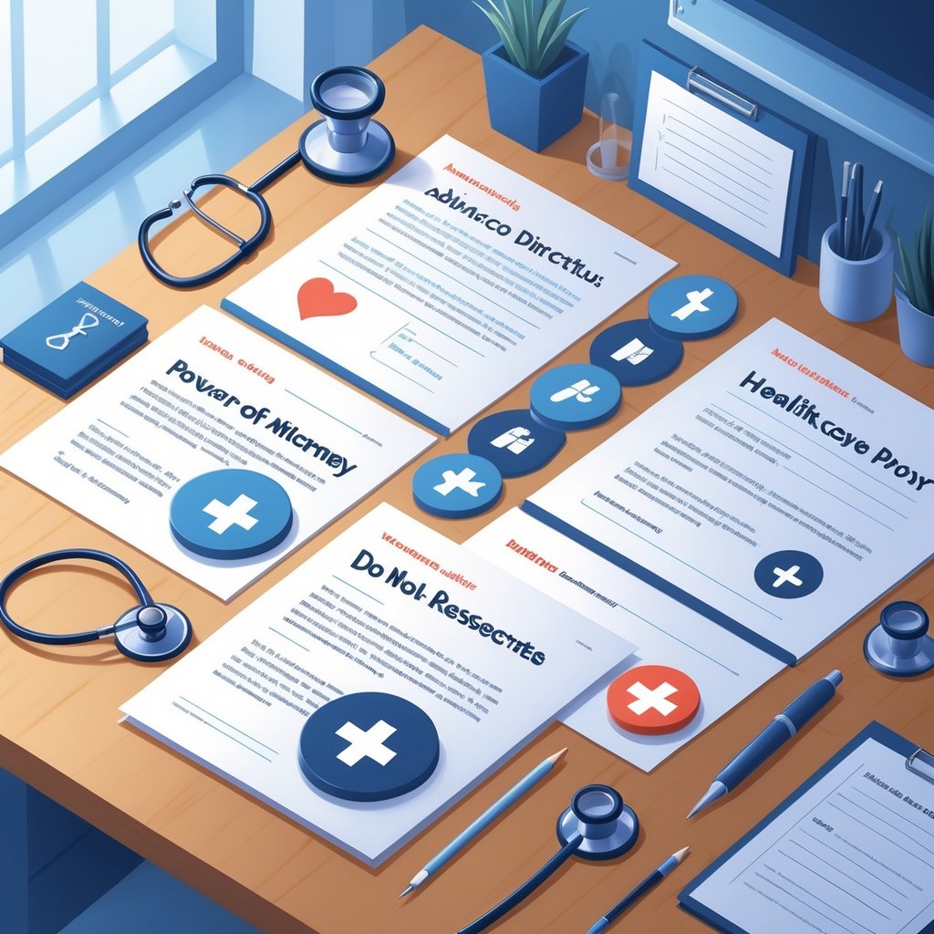 A desk with various medical legal documents and symbols representing advance directives and end-of-life decisions, surrounded by medical items like a stethoscope and glasses.