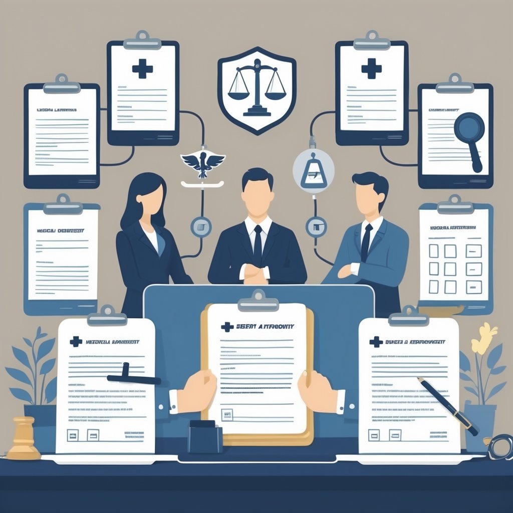 A desk with medical and legal documents, a stethoscope, a gavel, and a clipboard, alongside silhouettes of people representing patients and legal representatives.
