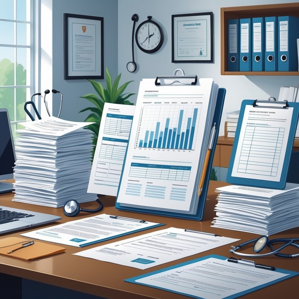 A desk with various medical legal documents, folders, a stethoscope, pen, glasses, and a laptop in a professional office setting.