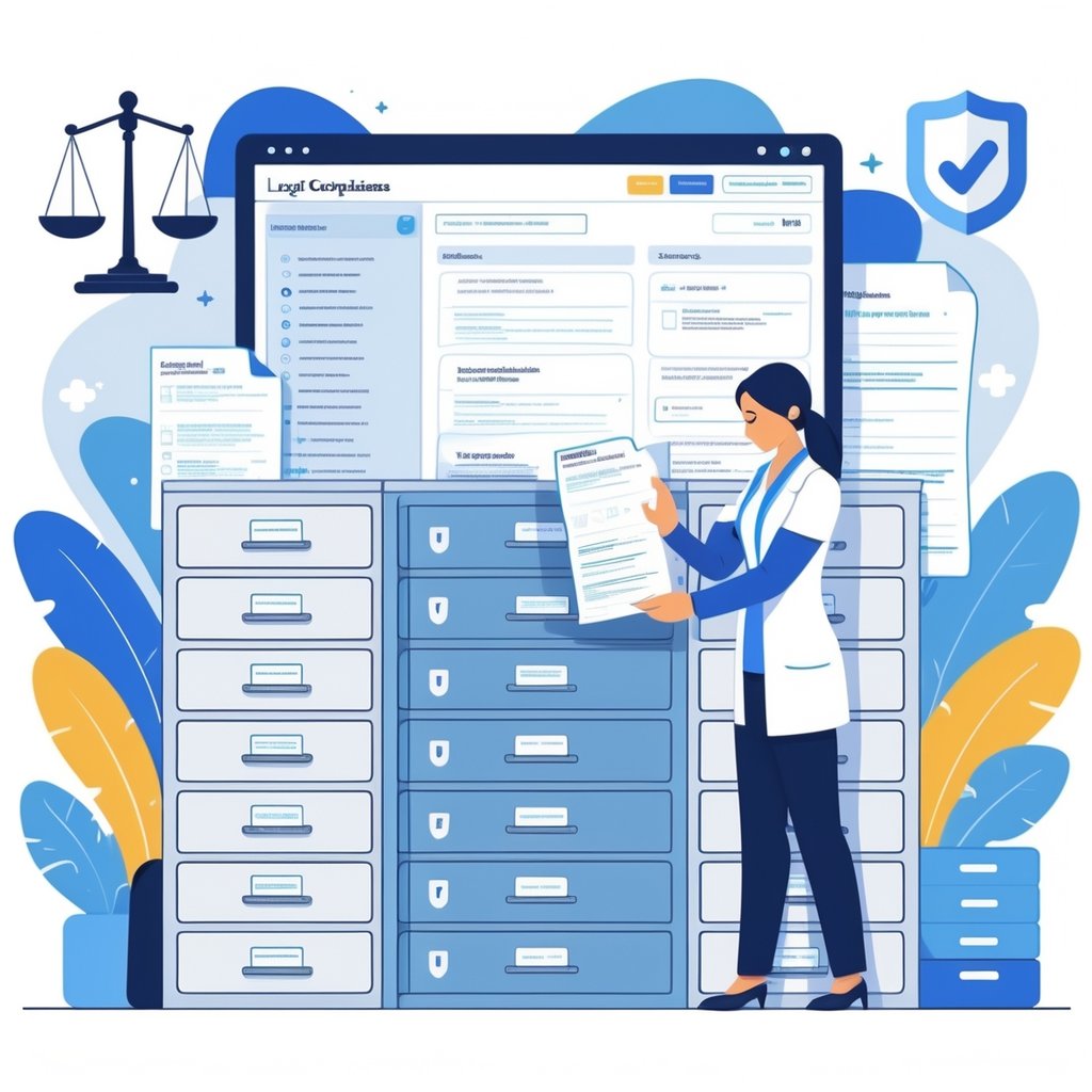 A healthcare professional retrieving medical legal documents from an organized filing system in a medical office, with symbols representing legal compliance and a secure digital database screen in the background.
