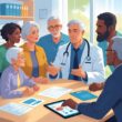 A person surrounded by family members and a healthcare professional discussing medical decisions in an office.