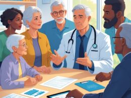 A person surrounded by family members and a healthcare professional discussing medical decisions in an office.