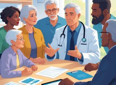 A person surrounded by family members and a healthcare professional discussing medical decisions in an office.