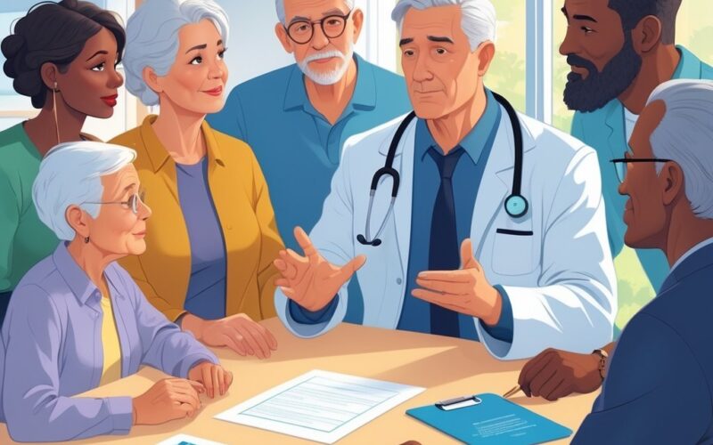 A person surrounded by family members and a healthcare professional discussing medical decisions in an office.