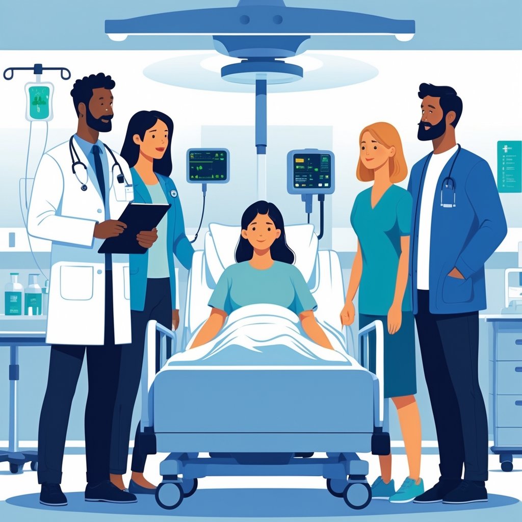 A patient in a hospital bed is surrounded by a doctor, a nurse, and a family member discussing medical decisions.