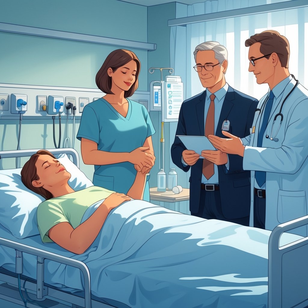A patient lying in a hospital bed with a family member holding their hand, a legal guardian holding documents, and a doctor discussing medical decisions with them.