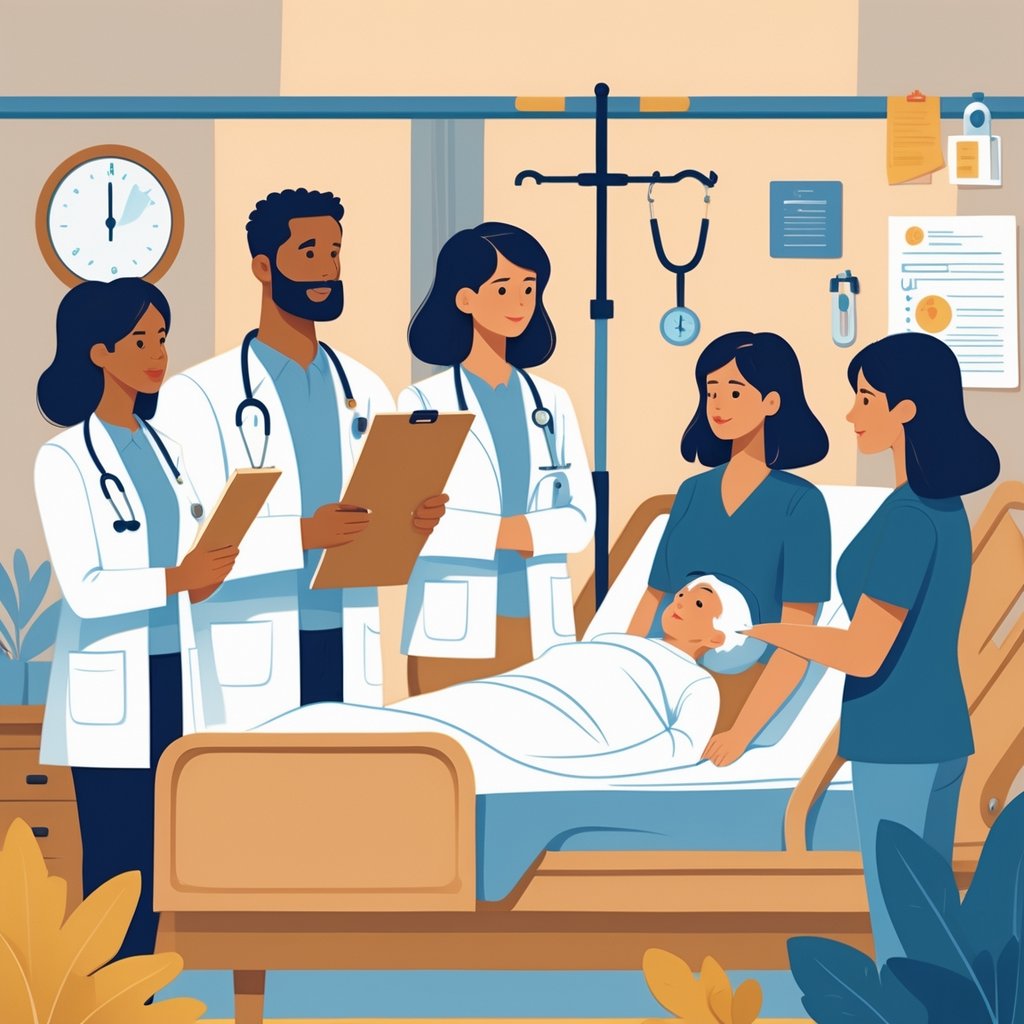 A doctor, family member, and legal advisor gathered around a patient in a hospital room discussing medical decisions.