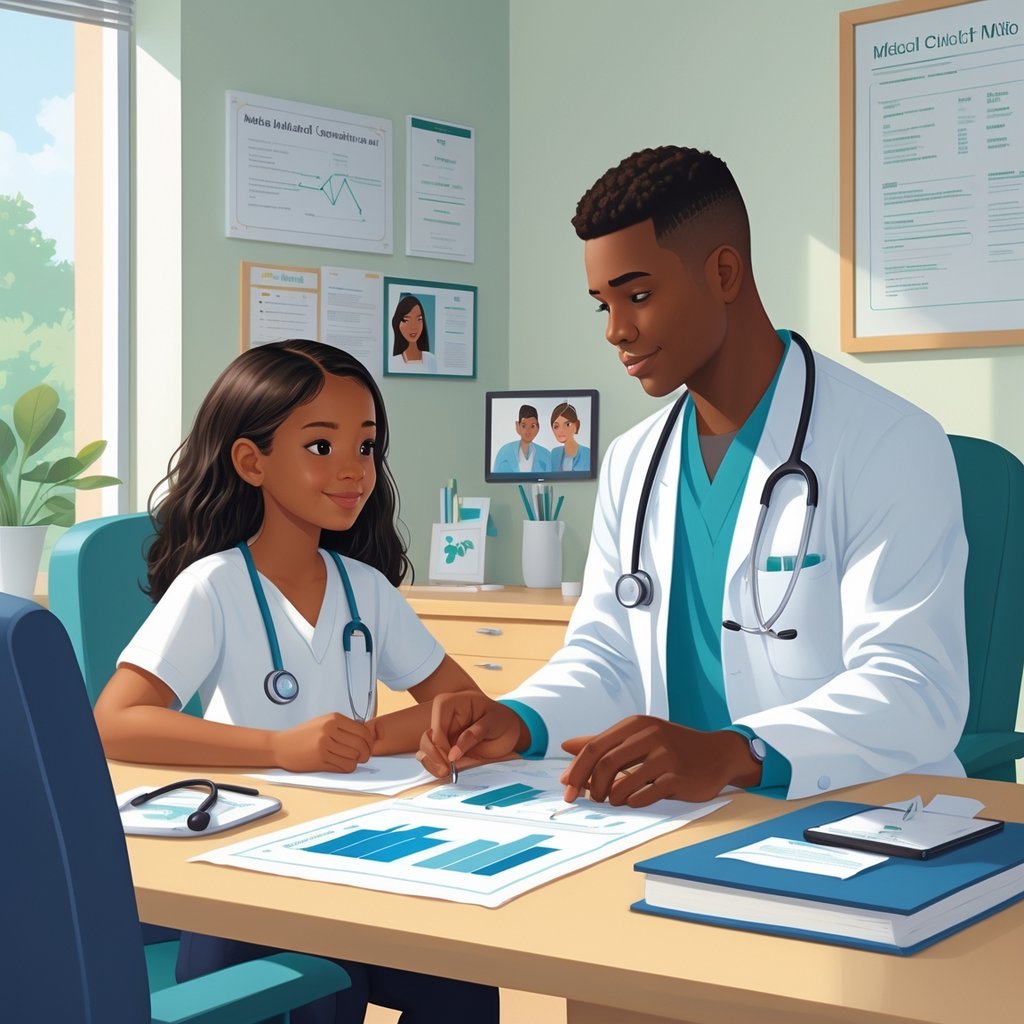 A young adolescent and a healthcare professional sitting together in a medical office, discussing medical information with charts and diagrams on the desk.