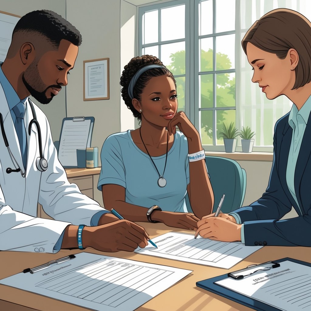 A patient discussing medical decision-making documents with a doctor and a legal advisor in an office setting.