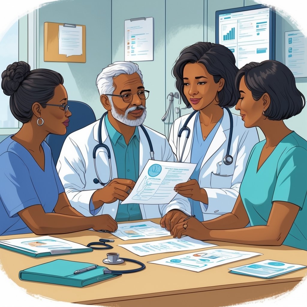 A patient, healthcare professional, and family member having a discussion in a medical office about medical decisions.