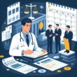 A doctor reviewing patient files with a courtroom scene in the background, surrounded by medical and legal symbols representing medical malpractice cases.