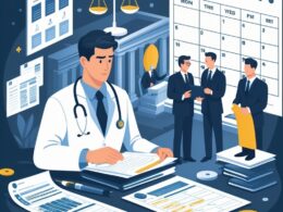 A doctor reviewing patient files with a courtroom scene in the background, surrounded by medical and legal symbols representing medical malpractice cases.