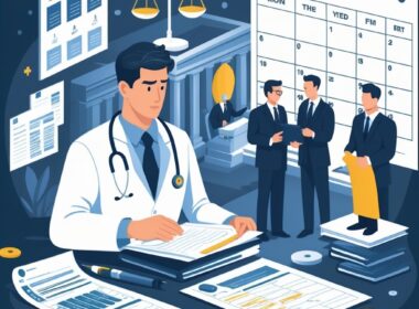 A doctor reviewing patient files with a courtroom scene in the background, surrounded by medical and legal symbols representing medical malpractice cases.