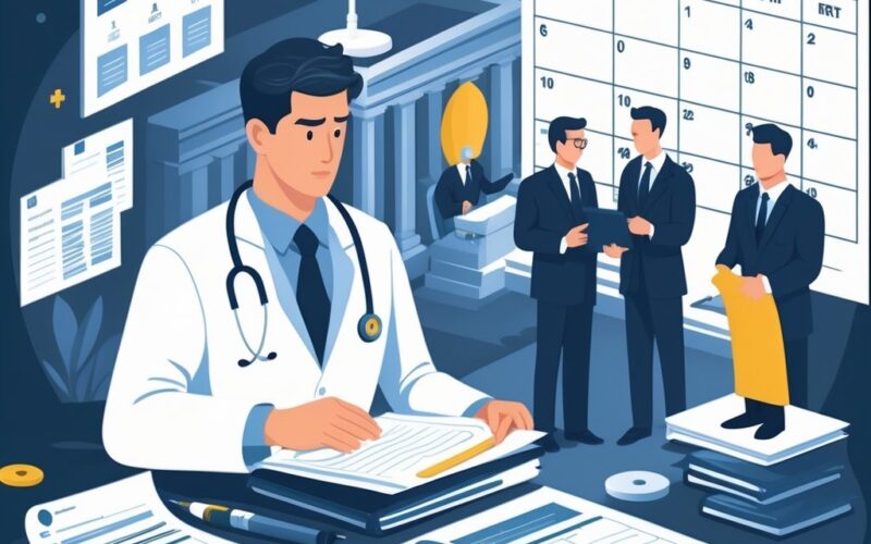 A doctor reviewing patient files with a courtroom scene in the background, surrounded by medical and legal symbols representing medical malpractice cases.