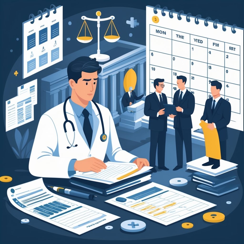 A doctor reviewing patient files with a courtroom scene in the background, surrounded by medical and legal symbols representing medical malpractice cases.