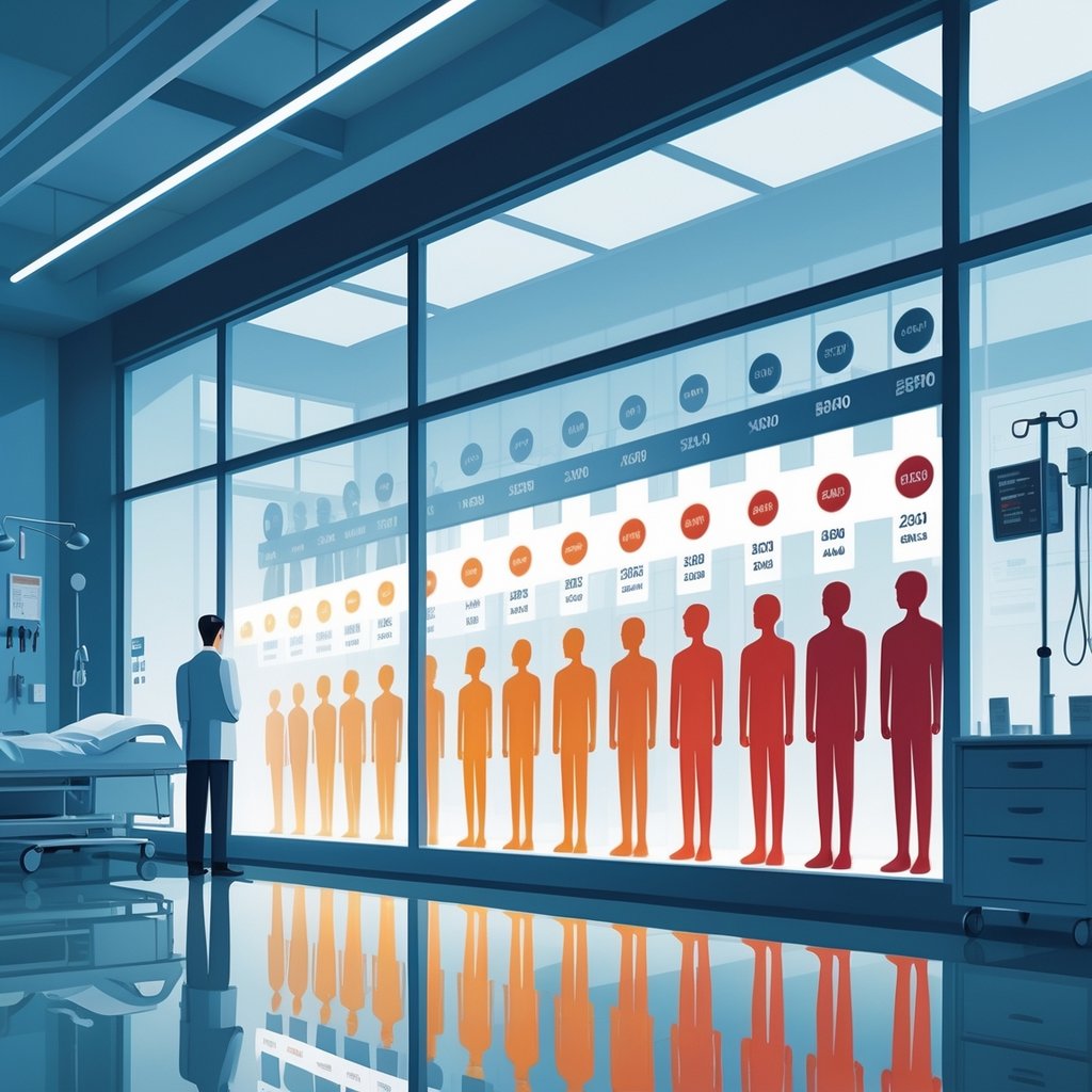 Illustration showing a hospital scene with rows of patient figures, some highlighted to represent medical malpractice cases in a year.