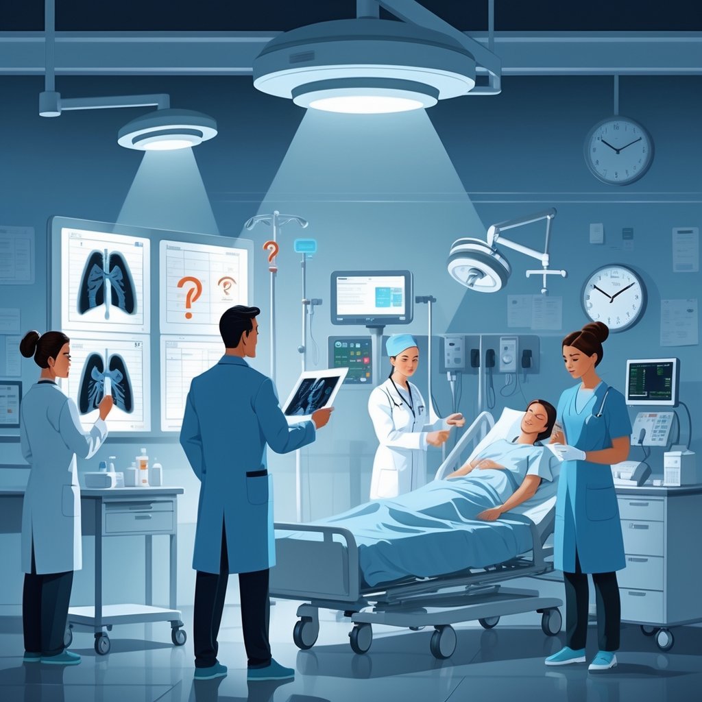 A hospital scene showing doctors and nurses caring for patients with visual cues representing different medical errors like misdiagnosis, surgical mistakes, medication errors, and delayed treatment.