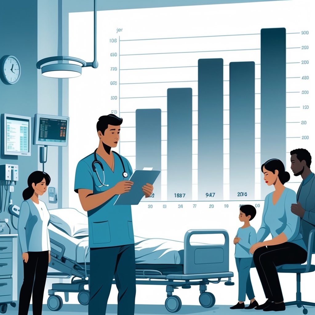 A healthcare worker reviewing patient charts in a hospital room with a patient in bed and family members nearby, with a subtle graphical overlay symbolizing medical malpractice cases.