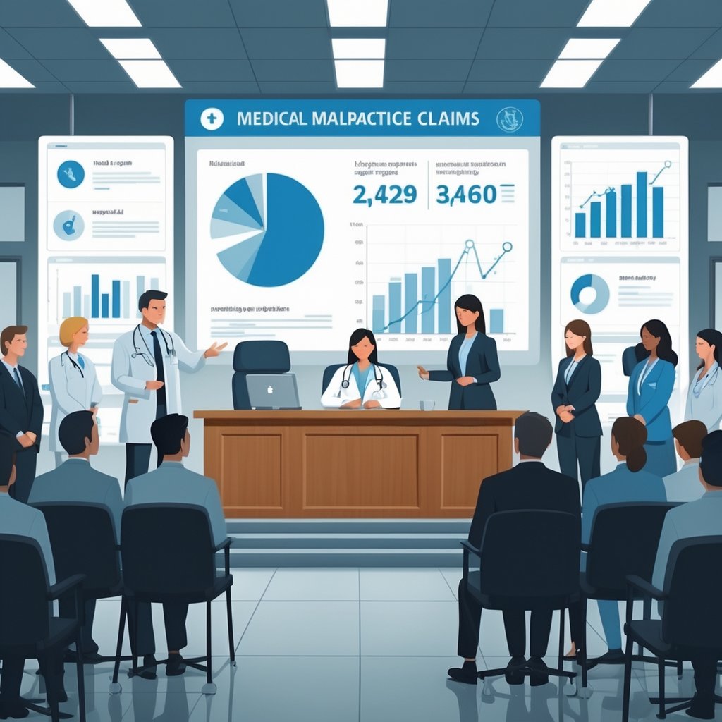 A courtroom scene showing a judge, lawyers, a medical expert witness, jurors, and observers in a hospital-related legal case with charts displaying statistics in the background.