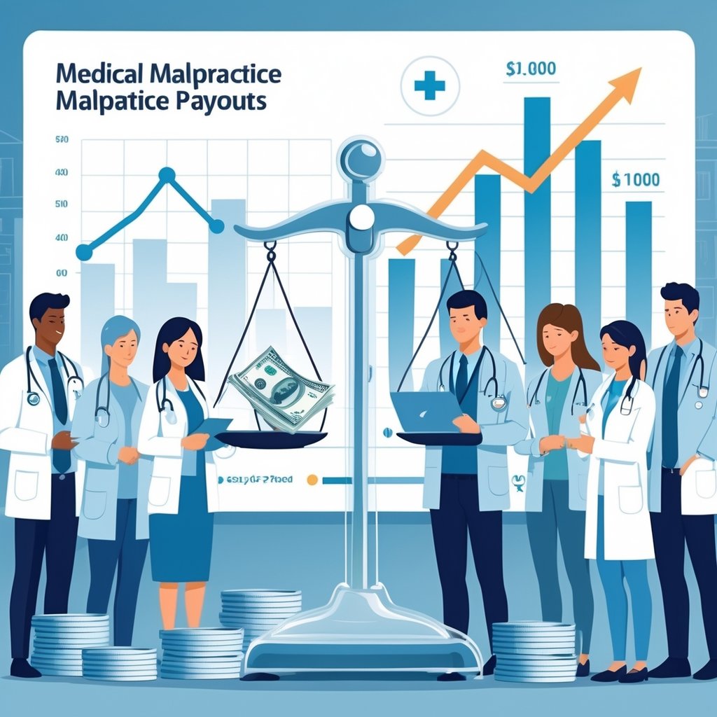 A hospital scene showing medical professionals reviewing documents next to a large scale balancing money and medical symbols, with a background graph representing rising case statistics.