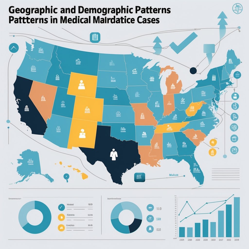 A map of the United States showing different regions shaded to represent medical malpractice case frequencies, with icons representing various demographic groups placed across the map and surrounding charts illustrating yearly trends.
