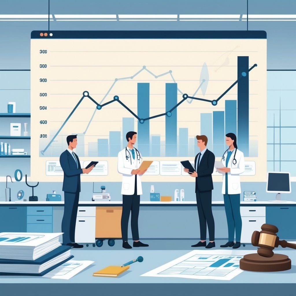 A hospital setting with doctors and lawyers reviewing documents, with a transparent graph showing trends in medical malpractice cases in the background.