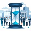 An hourglass between medical professionals and lawyers with a hospital and courthouse in the background connected by a timeline.