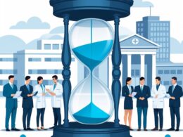 An hourglass between medical professionals and lawyers with a hospital and courthouse in the background connected by a timeline.