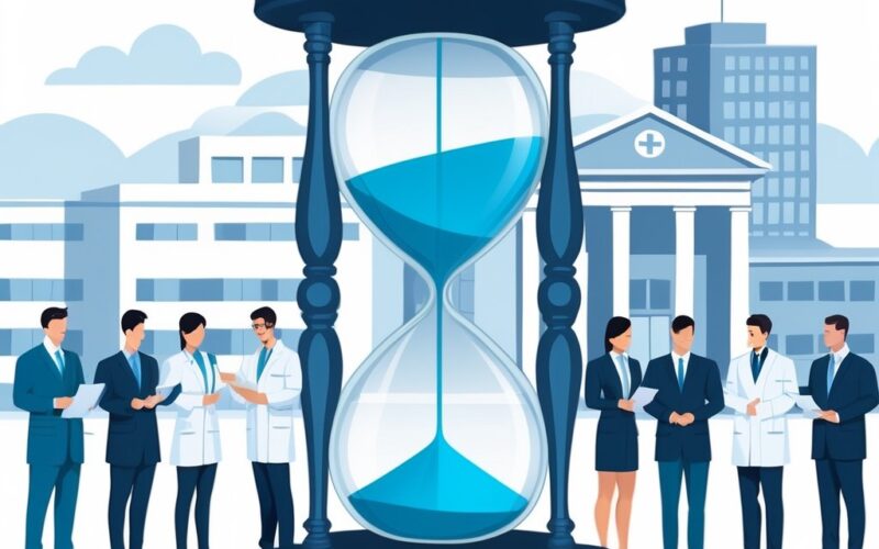 An hourglass between medical professionals and lawyers with a hospital and courthouse in the background connected by a timeline.