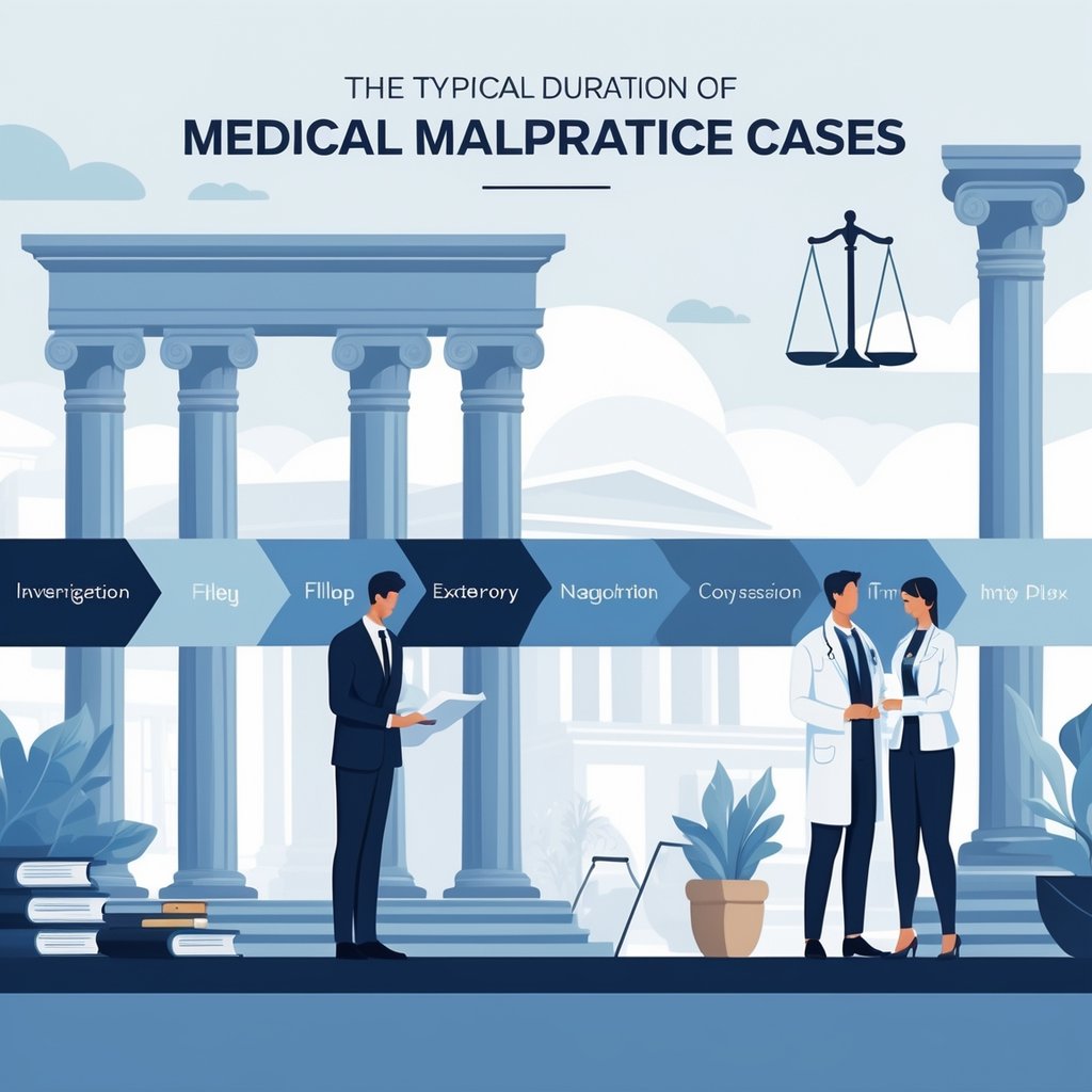 A lawyer reviewing documents on one side and a patient talking with a doctor on the other, connected by a timeline showing stages of a medical malpractice case.