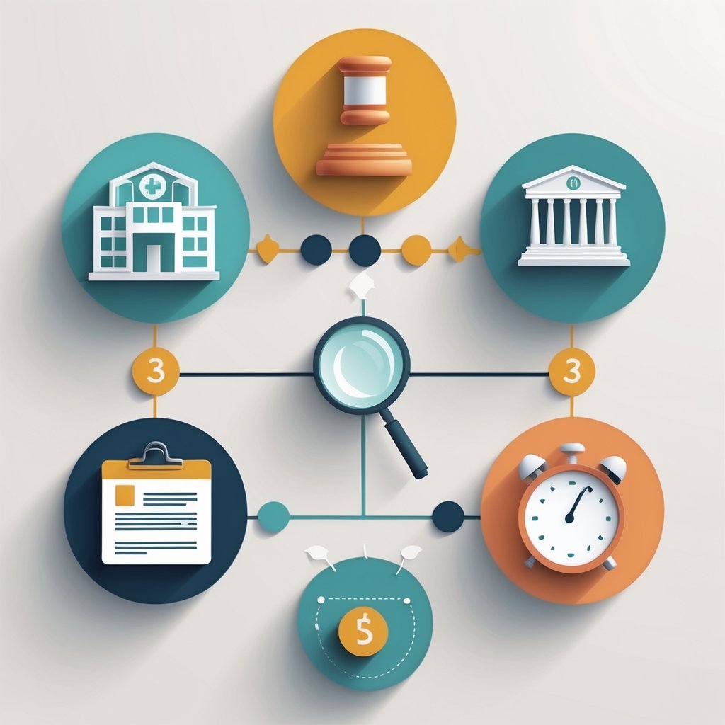 A flowchart showing key stages of a medical malpractice case, including medical treatment, diagnosis, filing a lawsuit, legal trial, and case duration.