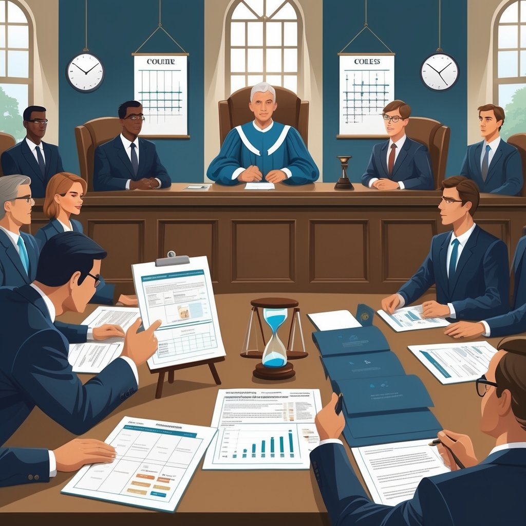 A courtroom scene with a judge, lawyers, a jury, and a medical expert witness explaining documents, with visual elements representing the passage of time.