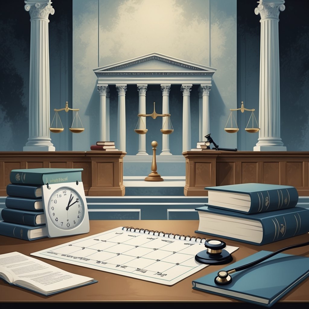 A courtroom scene with legal symbols, a calendar, a clock, and medical items like a white coat and stethoscope on a desk, representing the timing and legal aspects of medical malpractice cases.