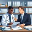 A doctor and a lawyer discussing documents across a desk in an office filled with medical and legal books.