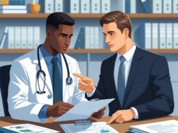A doctor and a lawyer discussing documents across a desk in an office filled with medical and legal books.