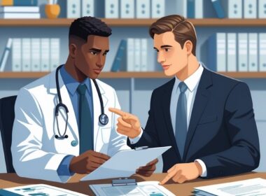 A doctor and a lawyer discussing documents across a desk in an office filled with medical and legal books.