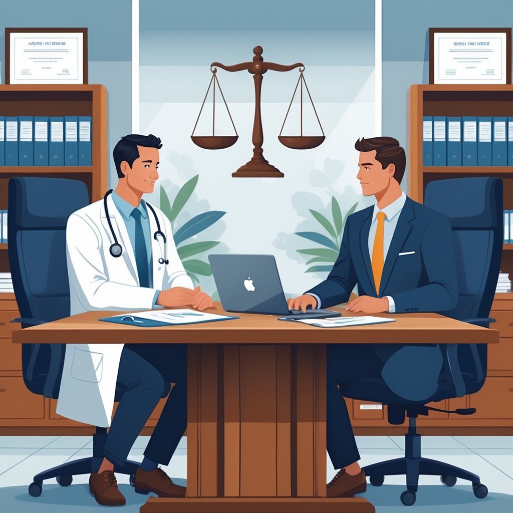 A doctor and a lawyer sitting at a table in an office, discussing medical and legal documents with a balanced scale symbol in the background.