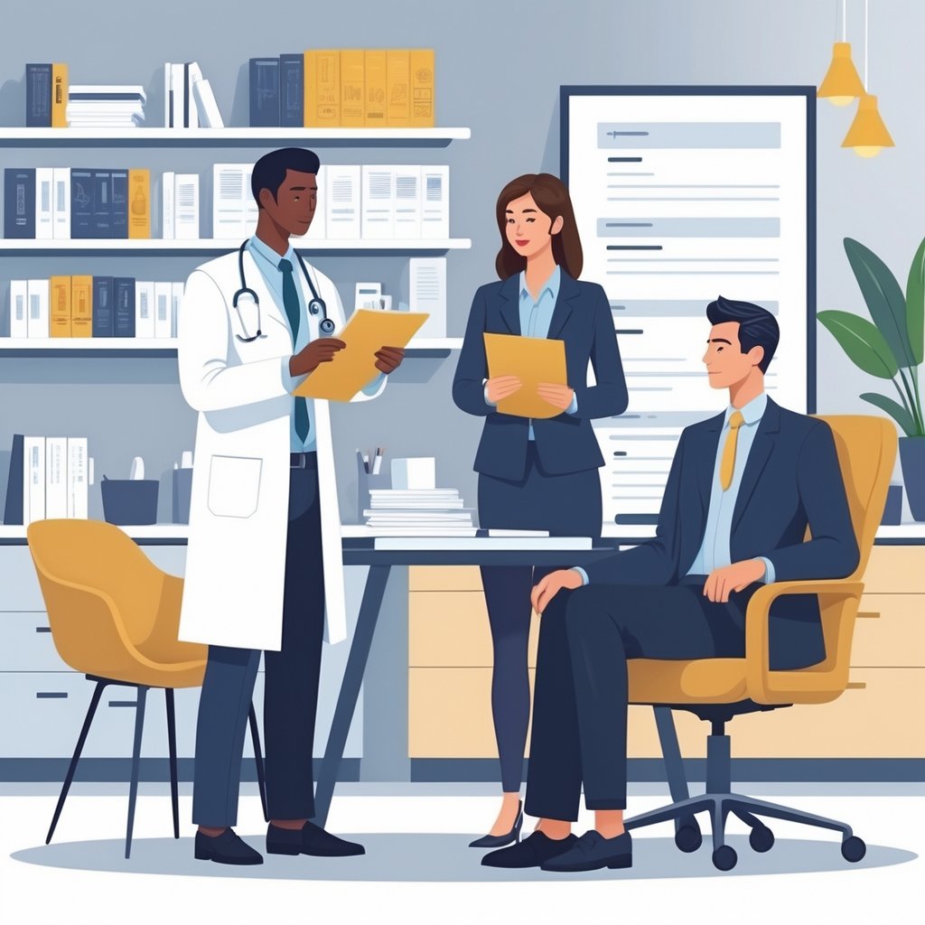 A doctor, a lawyer, and a patient sitting together in an office discussing medical legal evaluation.