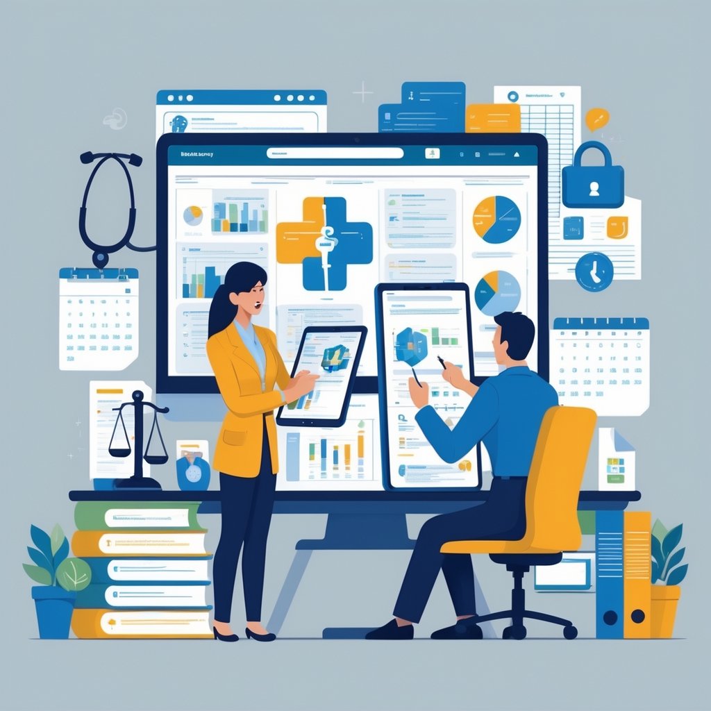 A medical professional and a legal expert working together in an office, reviewing medical records and legal documents with symbols of medicine and law around them.