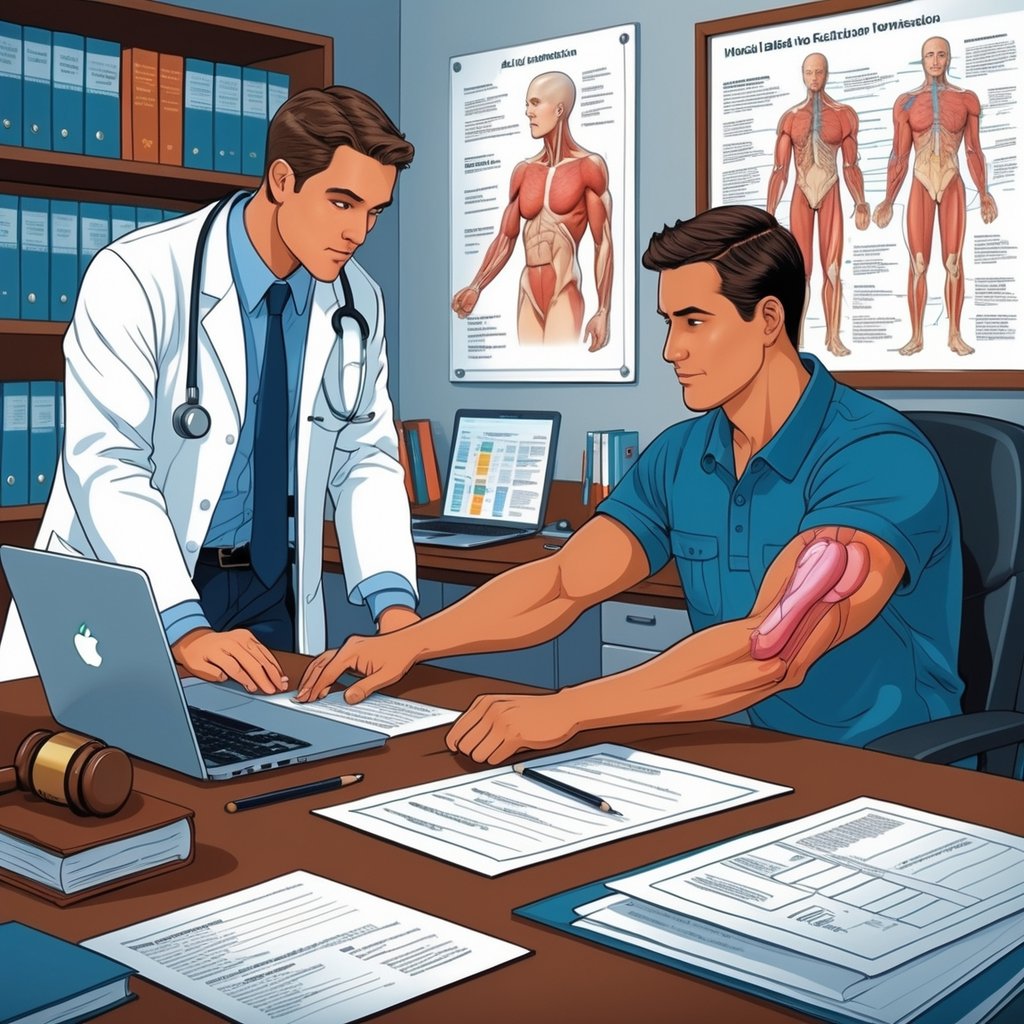 A doctor in a white coat reviews medical files while a worker with an arm injury sits nearby in an office with medical and legal materials.