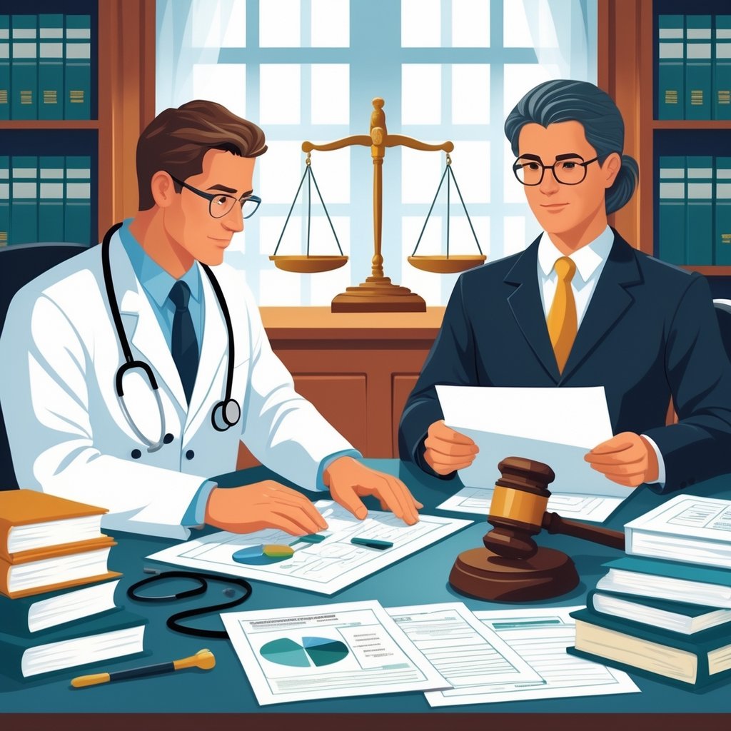 A medical expert and a legal professional reviewing documents in a setting that combines a medical office and courtroom, with scales of justice and legal books visible.