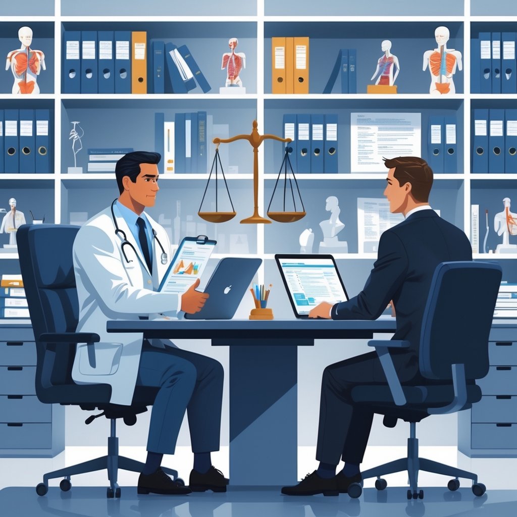 A medical expert and a legal professional discussing documents at a desk in an office with medical and legal items around them.