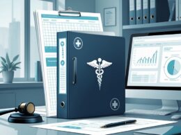 A medical file folder on a desk surrounded by legal and medical items including a gavel, medical charts, a pen, and a digital tablet, set in a professional office.