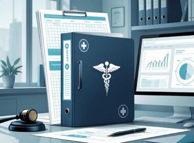 A medical file folder on a desk surrounded by legal and medical items including a gavel, medical charts, a pen, and a digital tablet, set in a professional office.