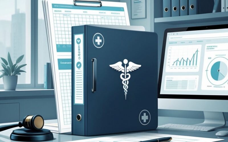 A medical file folder on a desk surrounded by legal and medical items including a gavel, medical charts, a pen, and a digital tablet, set in a professional office.